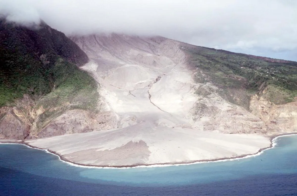 View of the lava flow after a blast from the Soufriere volcano on the island of Montserrat, on Aug. 20, 1997. (Dominique Chomereau-Lamotte/AFP via Getty Images)