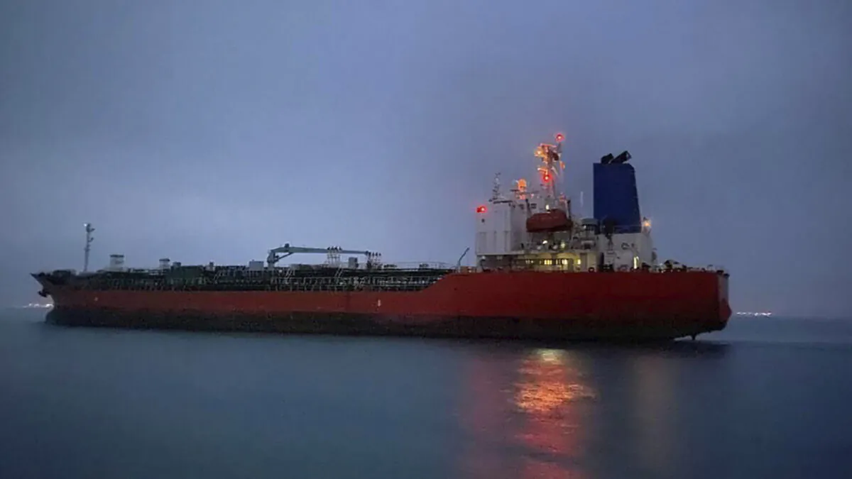 The MT Hankuk Chemi leaves the port in Bandar Abbas, Iran, on April 9, 2021. (South Korea Foreign Ministry via AP)