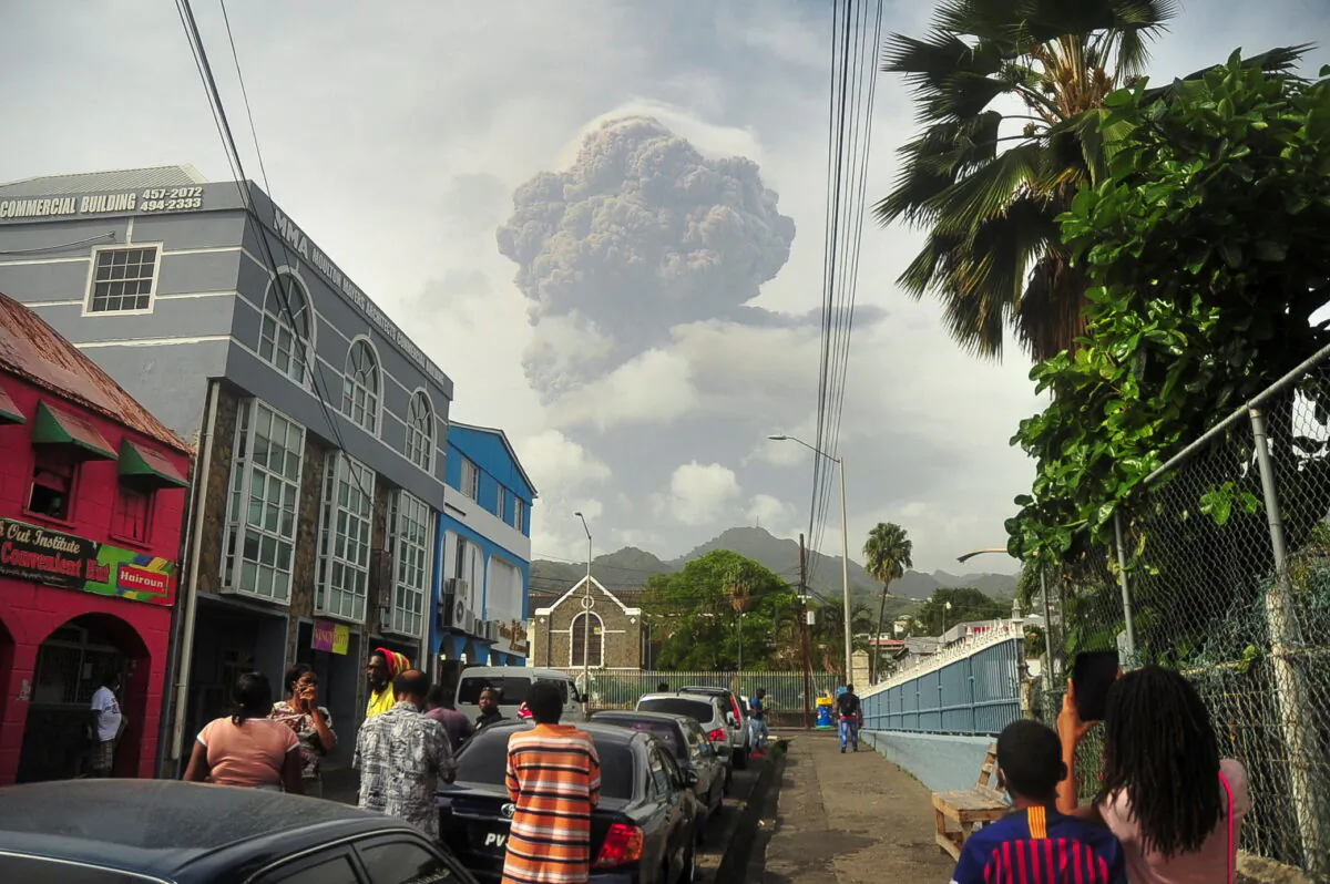 Ash and smoke billow as the La Soufriere volcano erupts in Kingstown on the eastern Caribbean island of St. Vincent on April 9, 2021. (Robertson S. Henry/Reuters)
