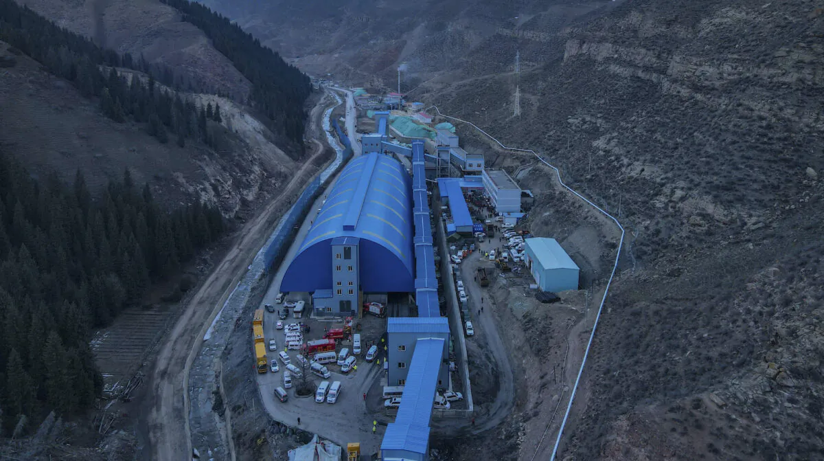 A flooded coal mine in Hutubi county in Hui Autonomous Prefecture of Changji, northwest China's Xinjiang Uyghur Autonomous Region, on April 11, 2021. (Gao Han/Xinhua via AP)