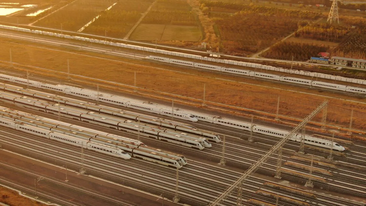 An aerial view of bullet trains on the newly built high-speed railways in Nantong, eastern China's Jiangsu Province on Dec. 15, 2020. (STR/AFP via Getty Images)
