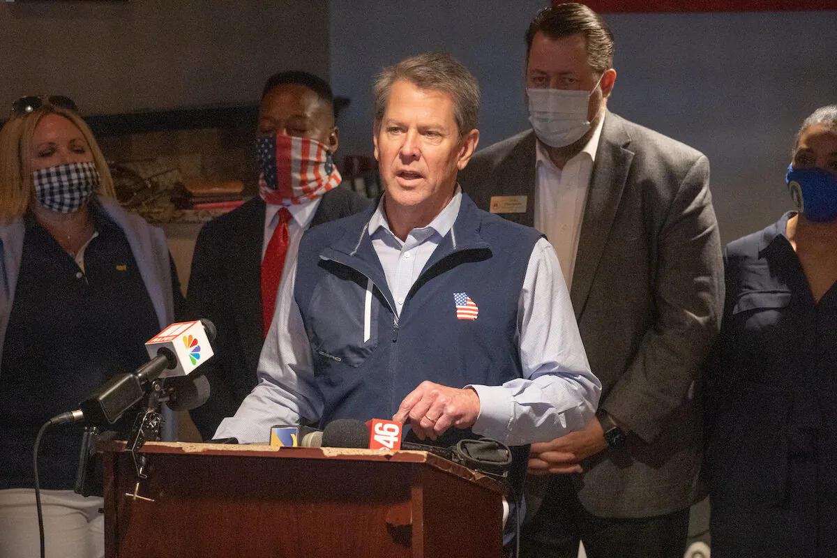 Georgia Gov. Brian Kemp speaks at a news conference about the state's new Election Integrity Law that recently passed at AJ’s Famous Seafood and Poboys in Marietta, Ga., on April 10, 2021. (Megan Varner/Getty Images)