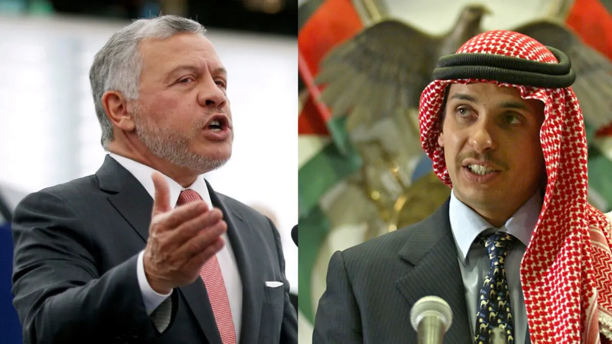 (Left) King of Jordan Abdullah II addresses the European Parliament in Strasbourg, France, Jan. 15, 2020. (Vincent Kessler/Reuters). (Right) Jordan’s Crown Prince Hamza bin Hussein delivers a speech to Muslim clerics and scholars at the opening ceremony of a religious conference at the Islamic Al al-Bayet University in Amman, Jordan, on Aug. 21, 2004. (Ali Jarekji/Reuters)