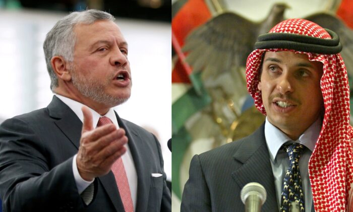 (Left) King of Jordan Abdullah II addresses the European Parliament in Strasbourg, France, Jan. 15, 2020. (Vincent Kessler/Reuters). (Right) Jordan’s Crown Prince Hamza bin Hussein delivers a speech to Muslim clerics and scholars at the opening ceremony of a religious conference at the Islamic Al al-Bayet University in Amman, Jordan, on Aug. 21, 2004. (Ali Jarekji/Reuters)