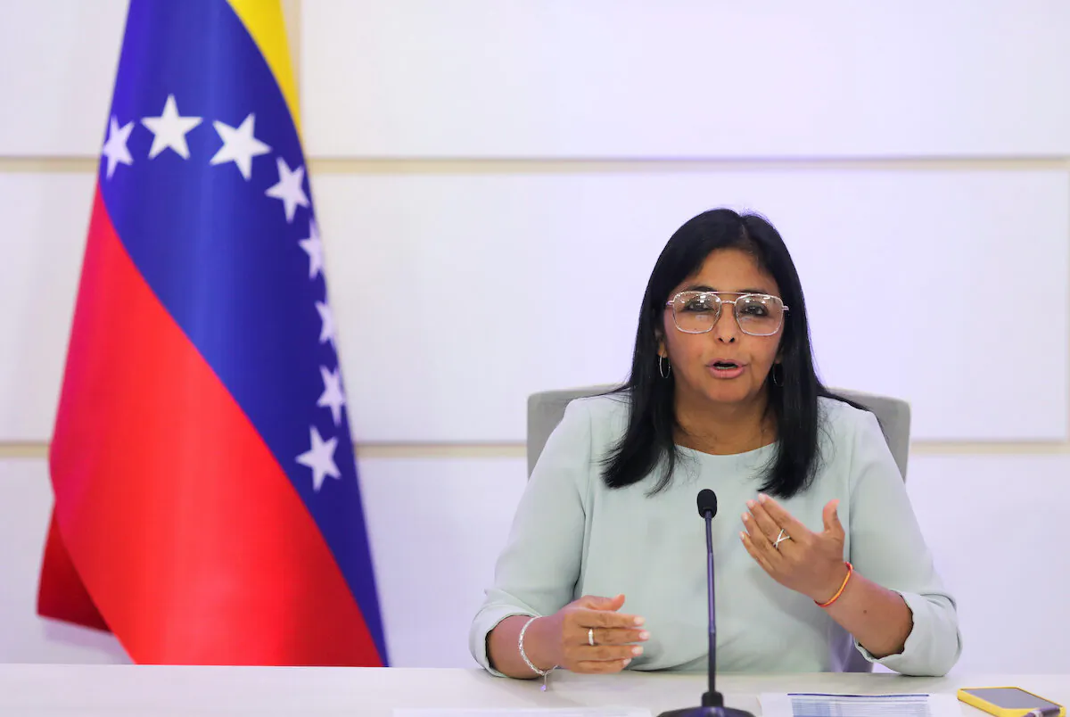 Venezuela's Vice President Delcy Rodriguez gestures as she speaks during a news conference in Caracas, Venezuela on April 7, 2021. (Manaure Quintero/Reuters)