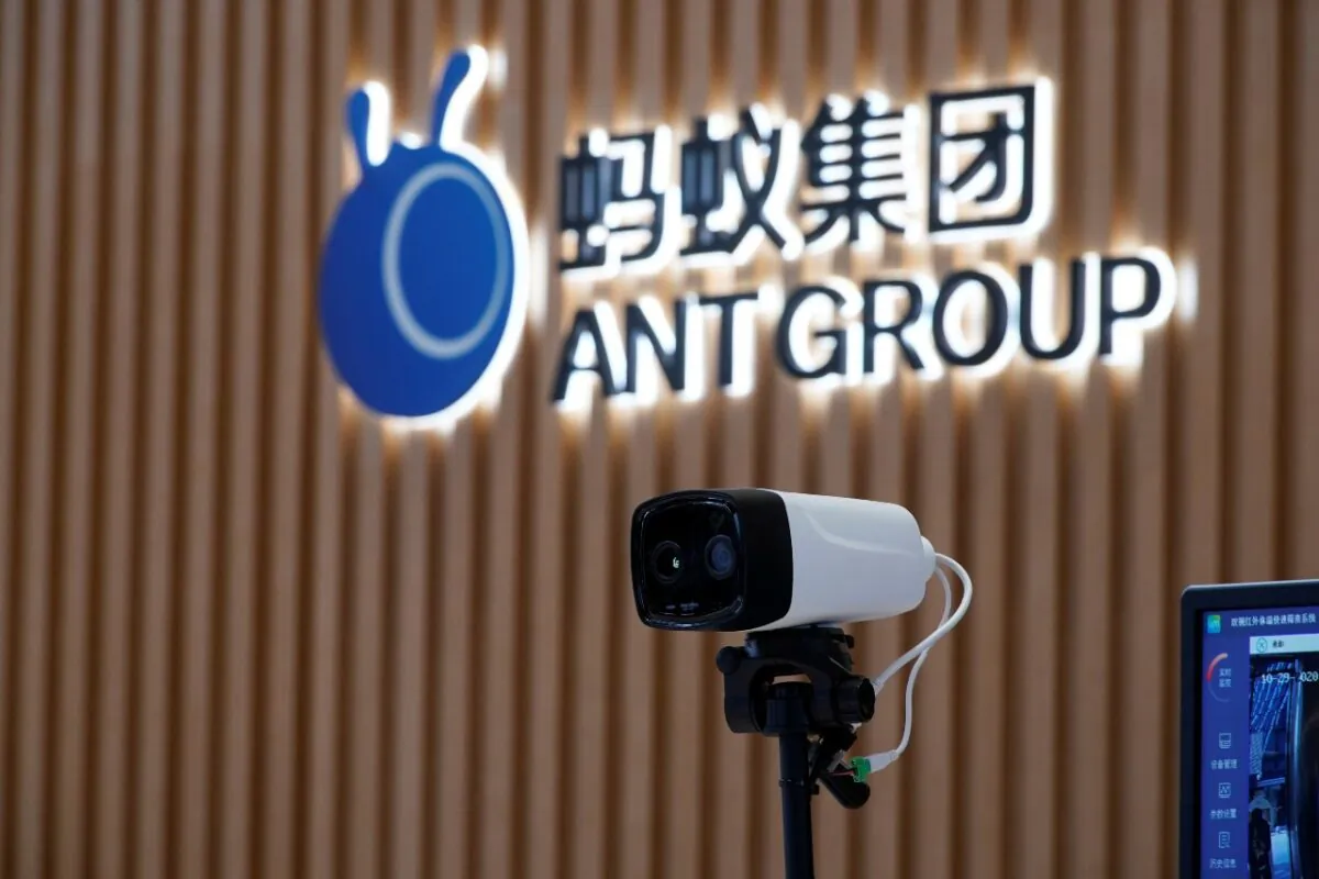 A thermal imaging camera is seen in front of a logo of Ant Group at the headquarters of Ant Group, an affiliate of Alibaba, in Hangzhou, China on Oct. 29, 2020. (Reuters/Aly Song/File Photo)