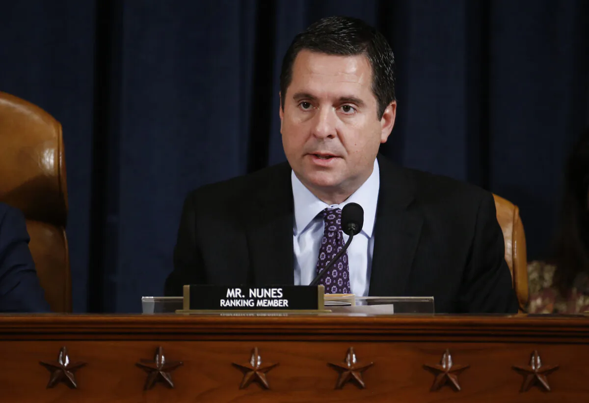 Representative Devin Nunes (R-Calif.), ranking member of the House Intelligence Committee, speaks during the House Intelligence Committee hearing on Capitol Hill on Nov. 21, 2019. (Andrew Harrer/POOL/AFP via Getty Images)