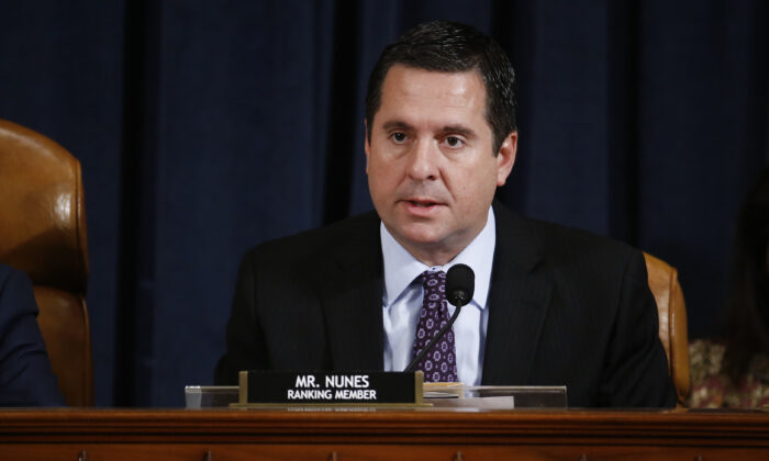 Representative Devin Nunes, a Republican from California and ranking member of the House Intelligence Committee, speaks during the House Intelligence Committee hearing on Capitol Hill in Washington on Nov. 21, 2019. (Andrew Harrer/POOL/AFP via Getty Images)