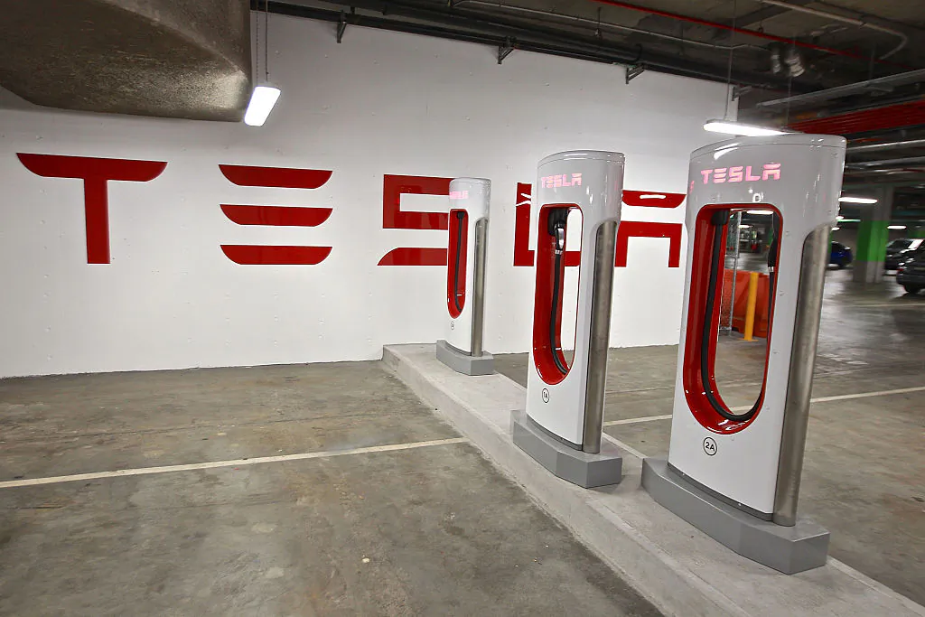 The Tesla electric car charging station in the car park at The Star Casino in Pyrmont in Sydney, Australia on April 14, 2015. (Ben Rushton/Getty Images)