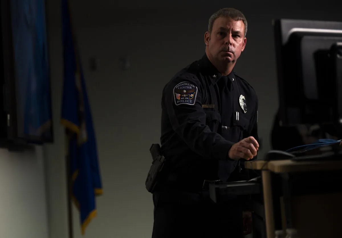 Brooklyn Center Police Chief Tim Gannon looks on as the video of an officer shooting Daunte Wright is played during a press conference at police headquarters in Brooklyn Center, Minn., on April 12, 2021. (Stephen Maturen/Getty Images)