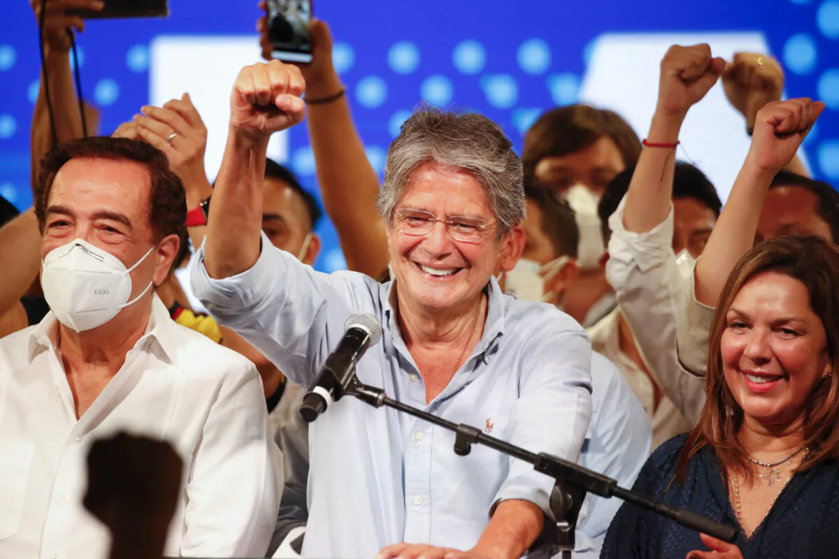 Guillermo Lasso speaks to supporters after a presidential runoff election at his campaign headquarters in Guayaquil, Ecuador, on April 11, 2021. (Angel Dejesus/AP Photo)