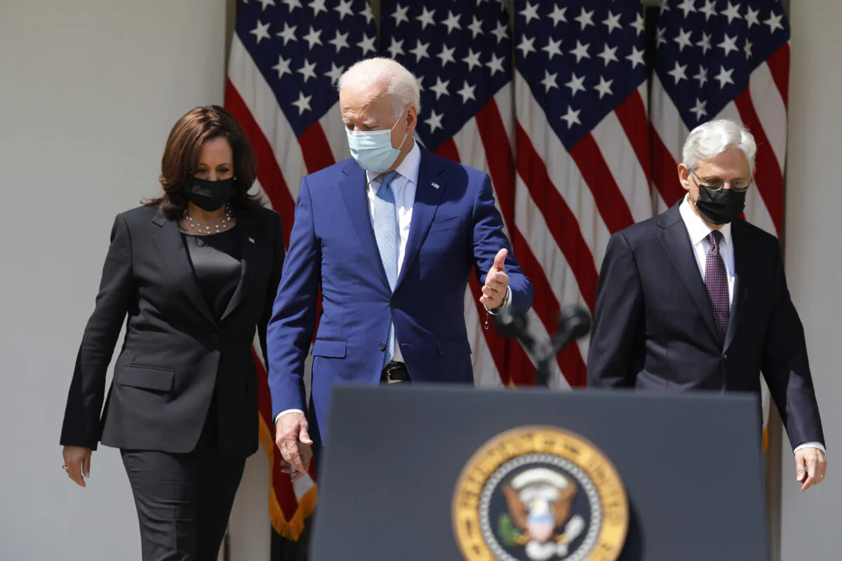 President Joe Biden (C), Vice President Kamala Harris, and Attorney General Merrick Garland arrive to deliver remarks on gun violence prevention in the Rose Garden of the White House on April 8, 2021. (Yuri Gripas/Abaca Press/TNS)