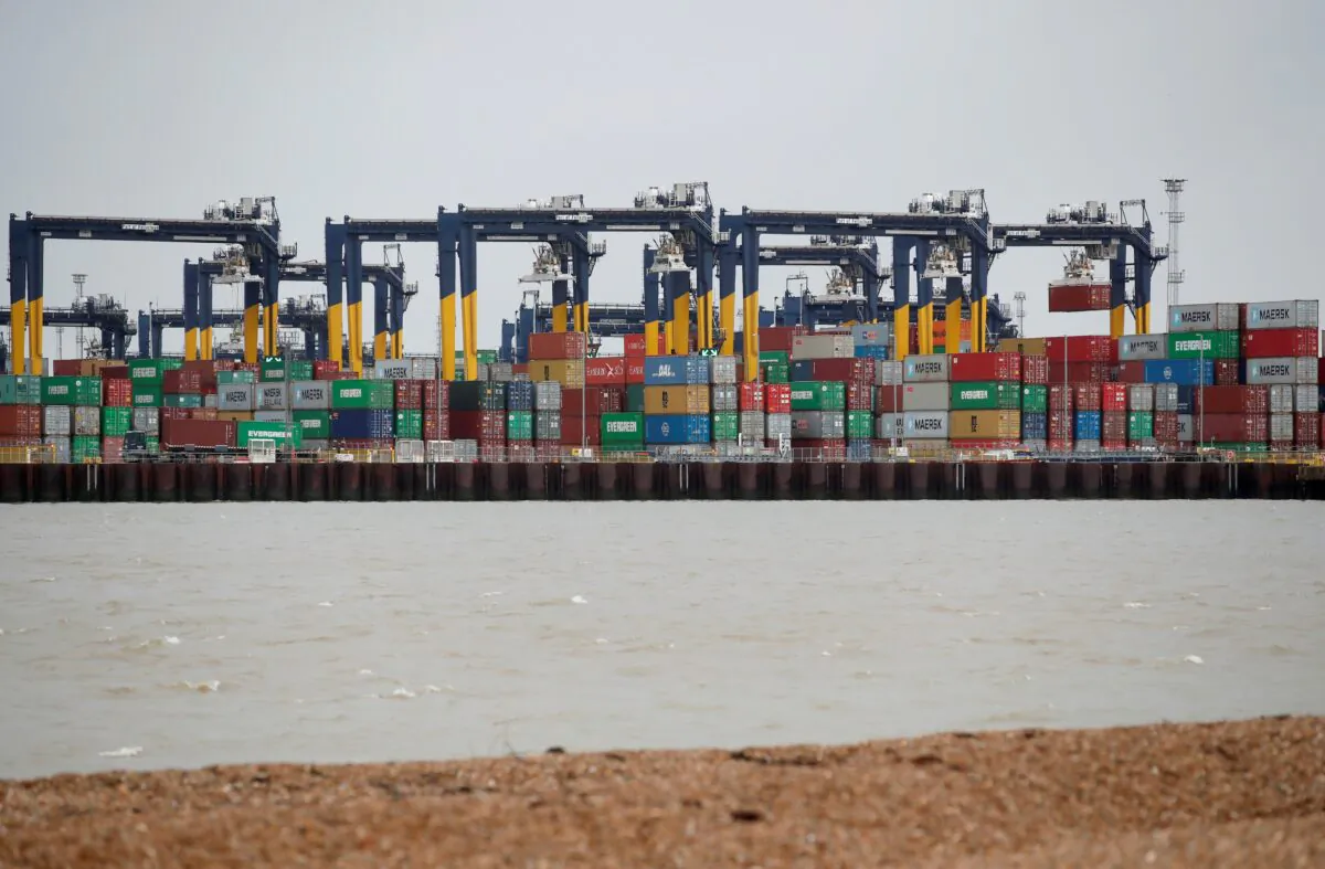 Containers are stacked at the Port of Felixstowe, Britain, on Jan. 28, 2021. (Peter Cziborra/Reuters)