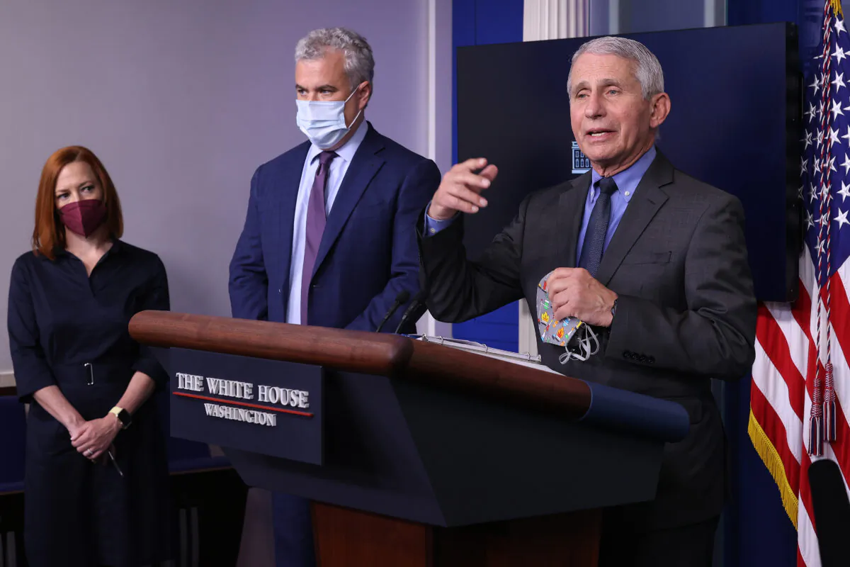 White House press secretary Jen Psaki, COVID-19 Response Coordinator Jeff Zients, and Director of the National Institute of Allergy and Infectious Diseases Dr. Anthony Fauci brief reporters in the Brady Press Briefing Room at the White House in Washington on April 13, 2021. (Chip Somodevilla/Getty Images)
