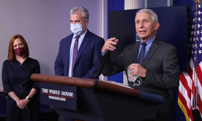 White House press secretary Jen Psaki, COVID-19 Response Coordinator Jeff Zients, and Director of the National Institute of Allergy and Infectious Diseases Dr. Anthony Fauci brief reporters in the Brady Press Briefing Room at the White House in Washington on April 13, 2021. (Chip Somodevilla/Getty Images)