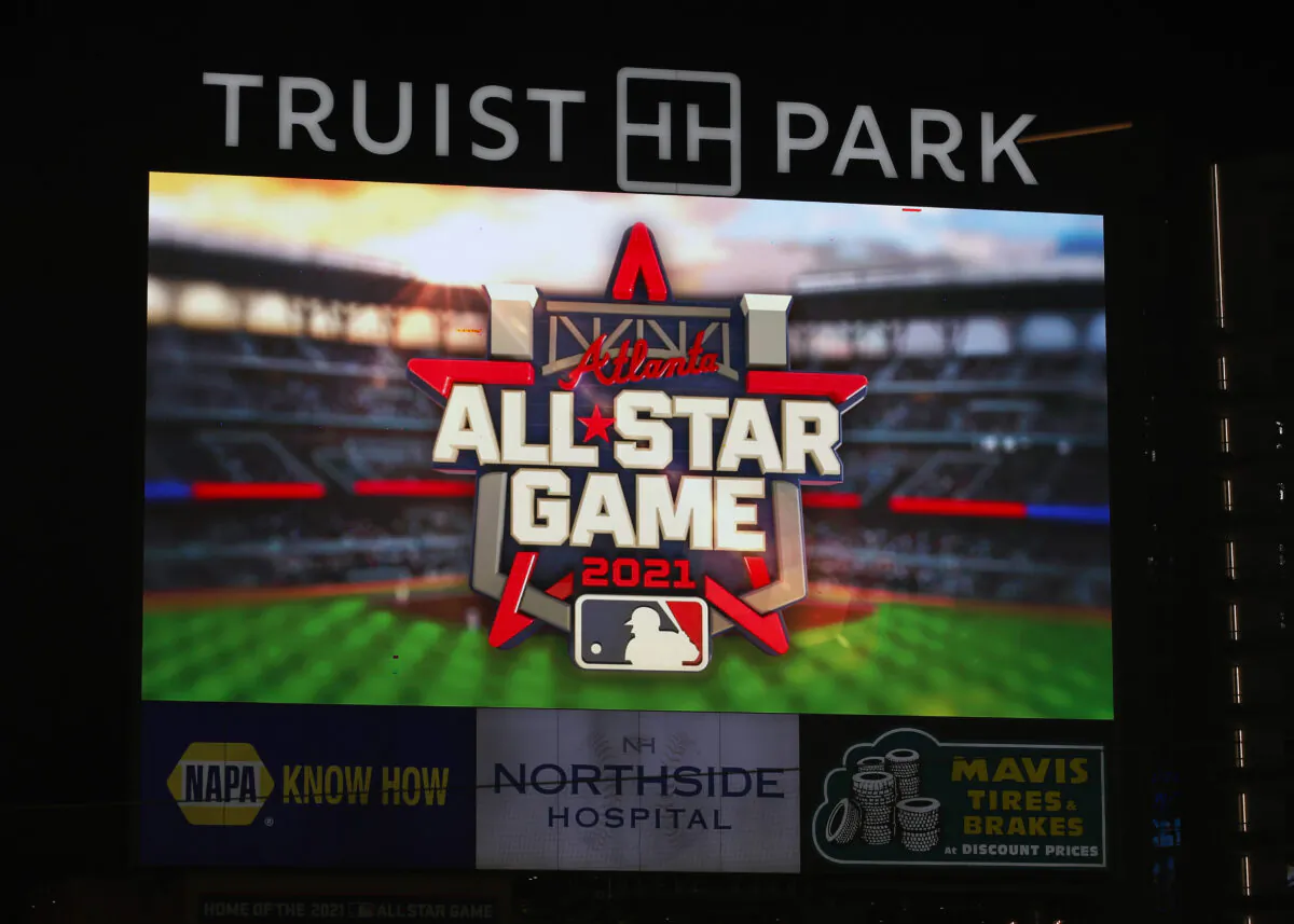 The 2021 All-Star Game logo is displayed on the screen prior to the game between the Miami Marlins and Atlanta Braves at Truist Park in Atlanta, on Sept. 24, 2020. (Todd Kirkland/Getty Images)