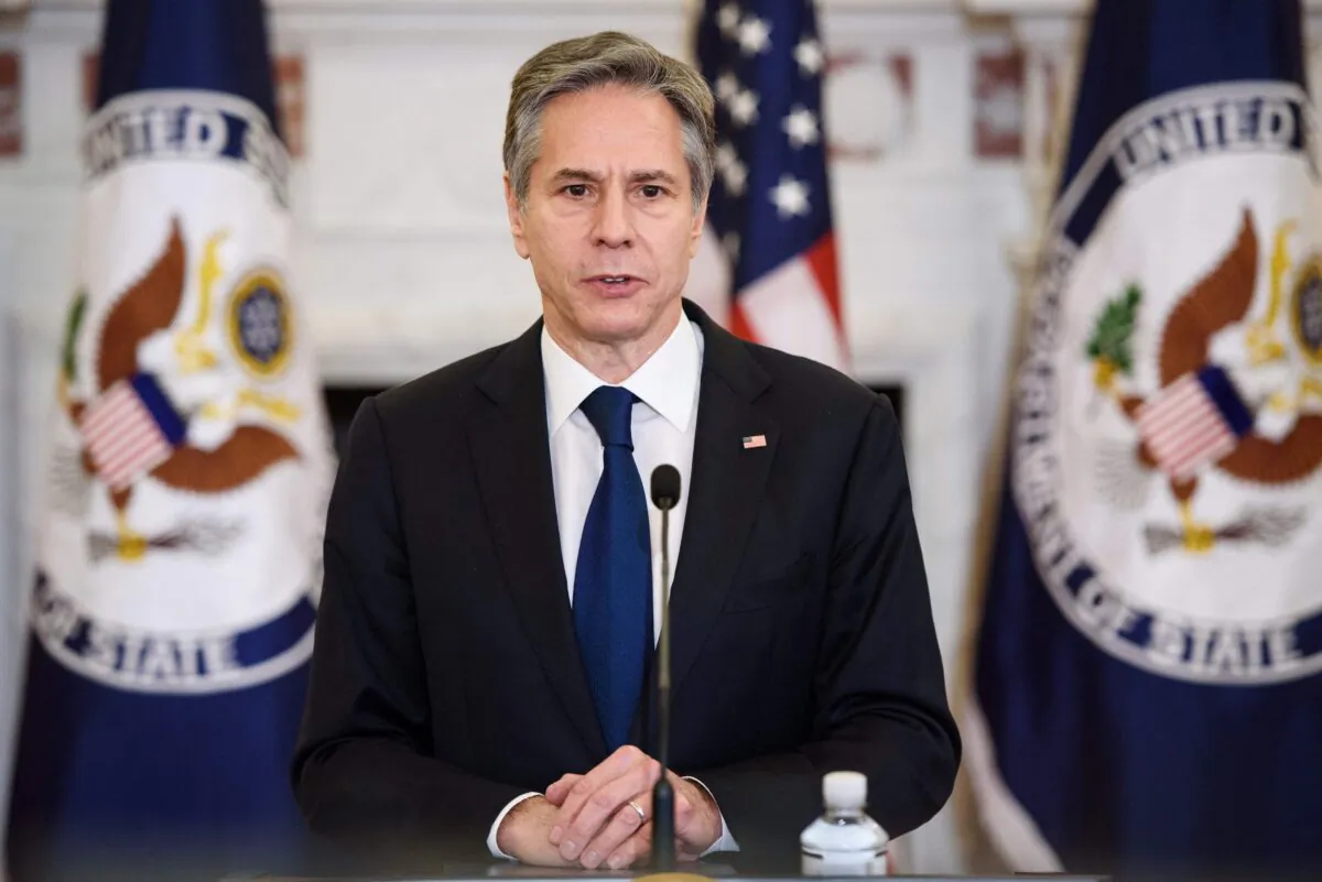 Secretary of State Antony Blinken speaks in the Benjamin Franklin Room of the State Department on April 12, 2021. (Mandel Ngan/Pool/AFP via Getty Images)