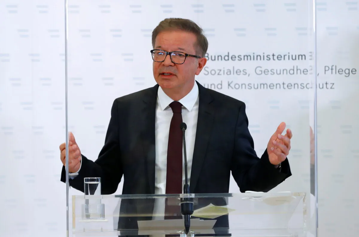 Austrian Health Minister Rudolf Anschober attends a news conference in Vienna, Austria, on April 13, 2021. (Leonhard Foeger/Reuters)