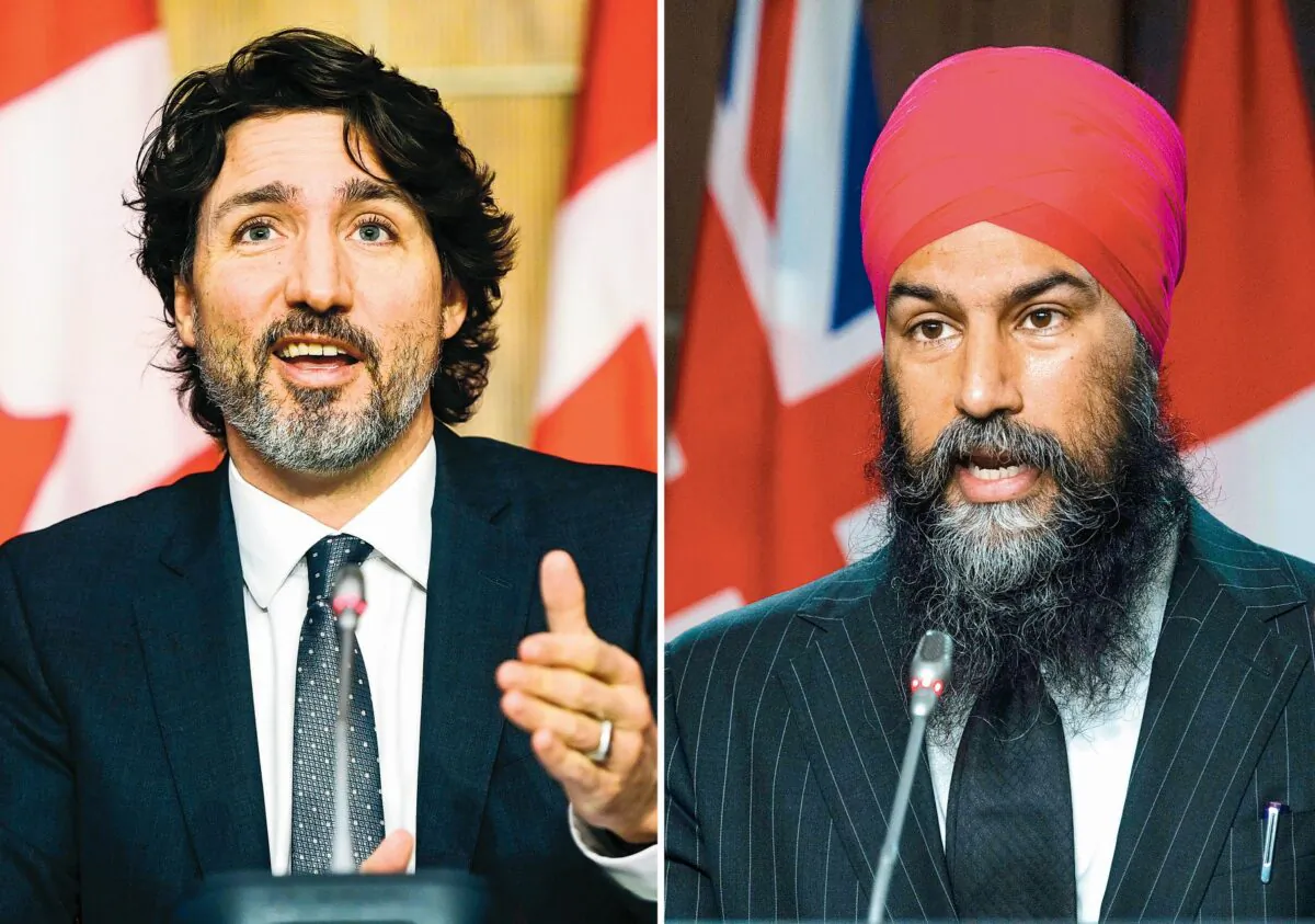 (L) Prime Minister Justin Trudeau during a news conference in Ottawa on March 9, 2021. (The Canadian Press/Sean Kilpatrick) (R) NDP leader Jagmeet Singh during a news conference in Ottawa on April 13, 2021. (The Canadian Press/Adrian Wyld)