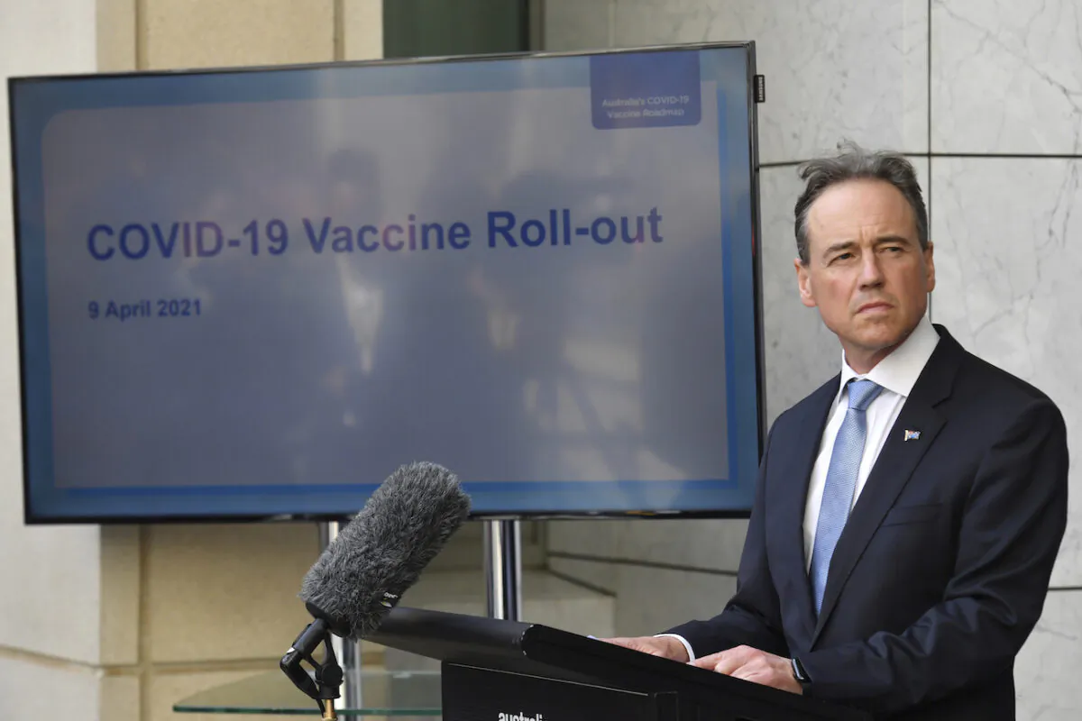 Australian Minister for Health Greg Hunt discusses the COVID-19 vaccination program at press conference at Parliament House in Canberra, on April 9, 2021. (Mick Tsikas/AAP Image via AP)
