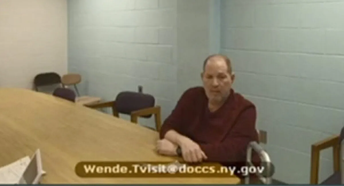 Harvey Weinstein appears from prison during his virtual extradition hearing in Erie County Court before Judge Kenneth Case, in Buffalo, N.Y., on April 12, 2021. (New York Unified Court System via AP)