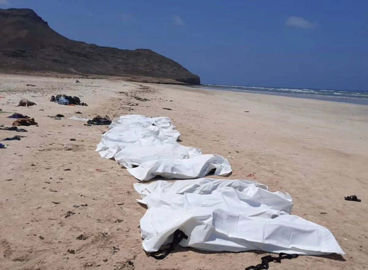 Bodies of suspected migrants who died after their boat capsized are seen arranged after they were retrieved off the Coast of Djibouti, on April 12, 2021. (International Organization for Migration/file/Handout via Reuters)