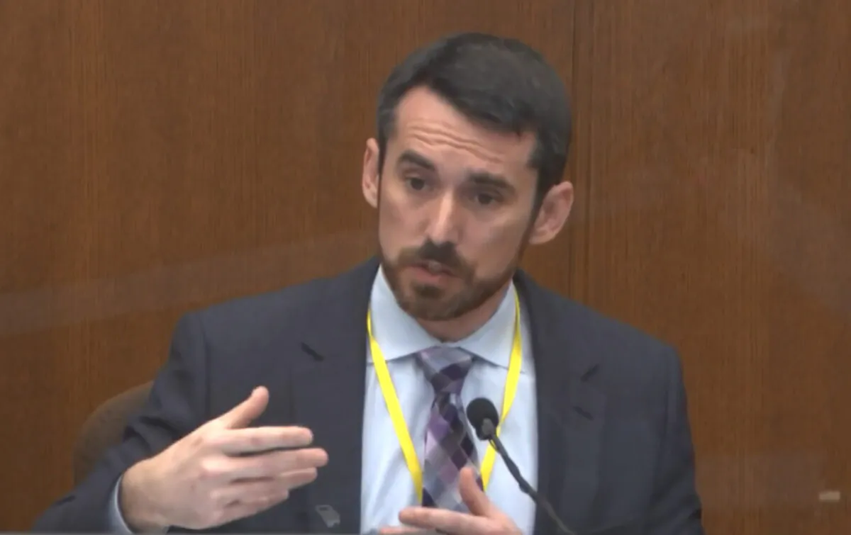 Seth Stoughton testifies in the trial of former Minneapolis police Officer Derek Chauvin, in the May 25, 2020, death of George Floyd at the Hennepin County Courthouse in Minneapolis, Minn., on April 12, 2021. (Court TV via AP/Pool)