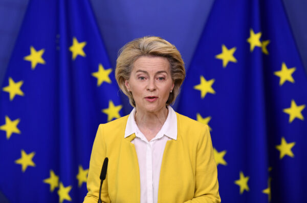 European Commission President Ursula von der Leyen delivers a statement after a meeting of the college of commissioners at EU headquarters in Brussels