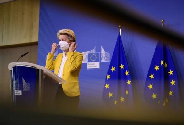 European Commission President Ursula von der Leyen delivers a statement after a meeting of the college of commissioners at EU headquarters in Brussels