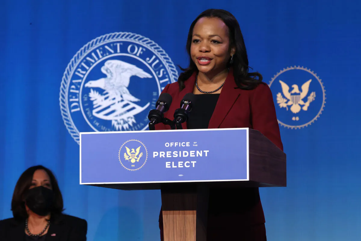 Vice President-elect Kamala Harris (Left) looks on as Kristen Clarke delivers remarks after being nominated to be civil rights division assistant attorney general, in Wilmington, Delaware, on Jan. 07, 2021. (Chip Somodevilla/Getty Images)