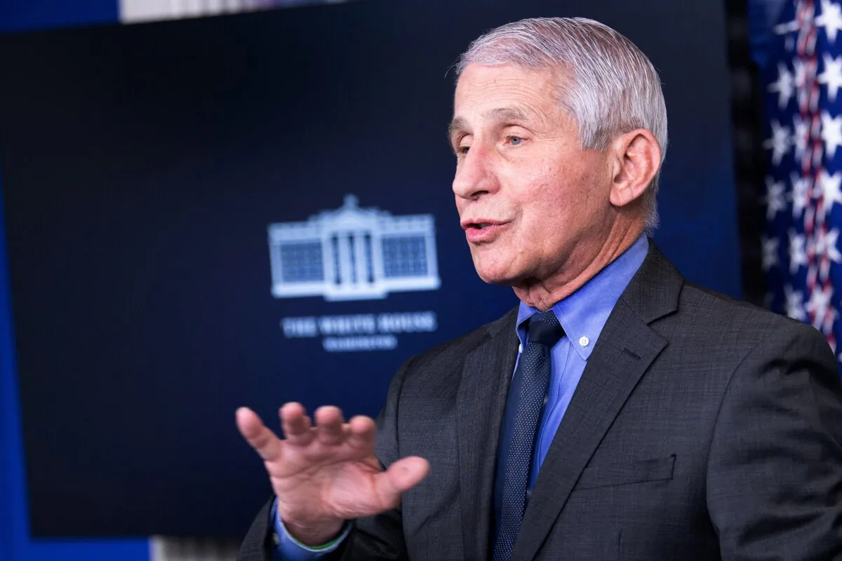 Dr. Anthony Fauci, director of the National Institute of Allergy and Infectious Diseases, speaks to reporters at the White House on April 13, 2021. (Brendan Smialowski/AFP via Getty Images)