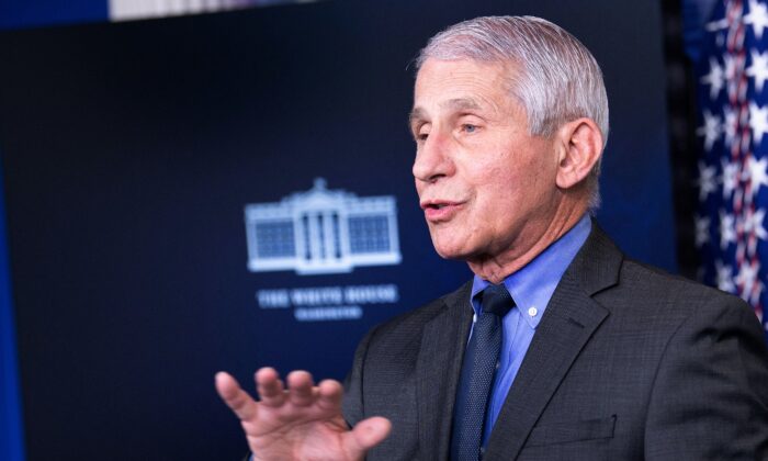 Dr. Anthony Fauci, director of the National Institute of Allergy and Infectious Diseases, speaks to reporters at the White House in Washington on April 13, 2021. (Brendan Smialowski/AFP via Getty Images)