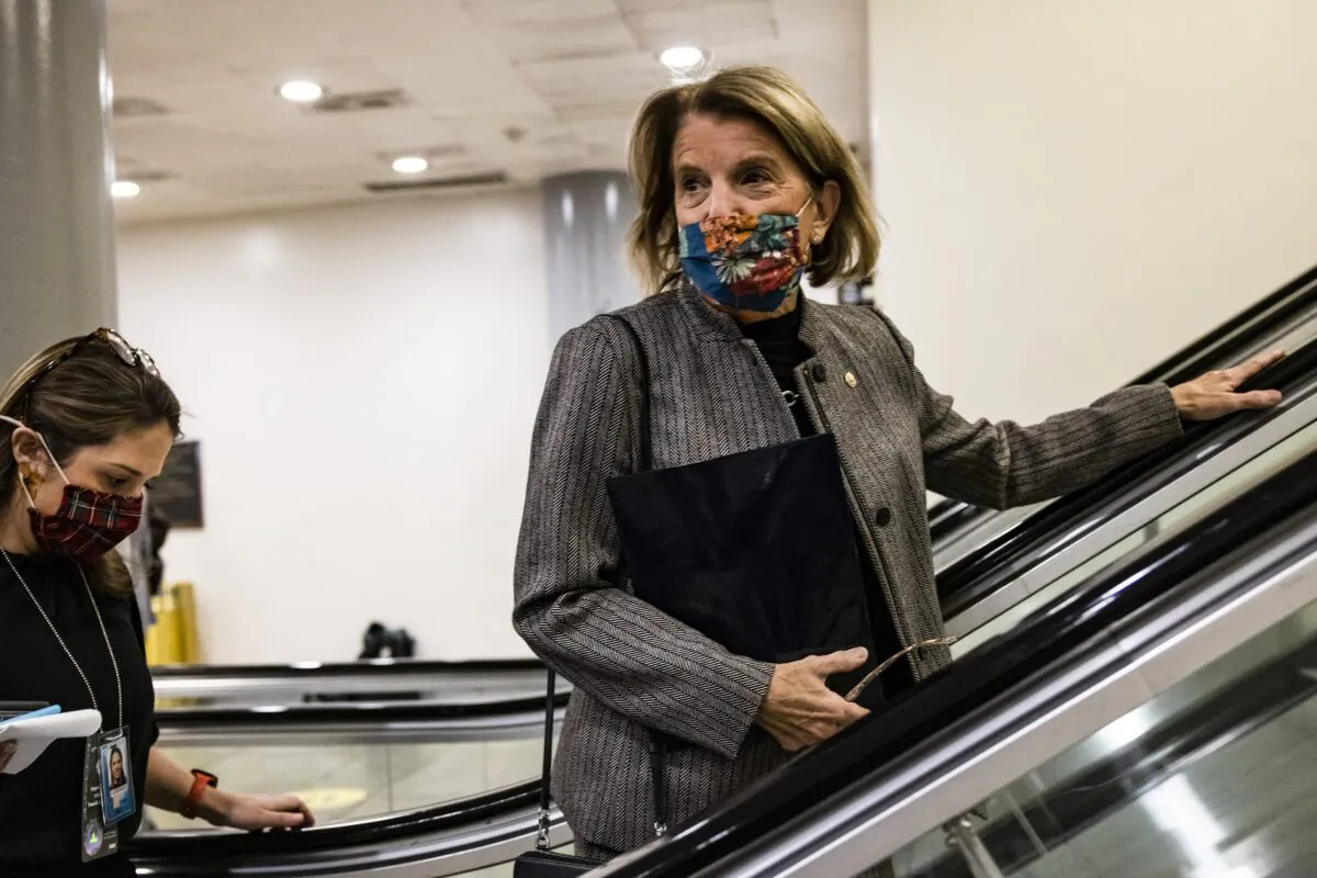 Sen. Shelley Moore Capito (R-W.Va.) is seen at the U.S. Capitol in Washington on April 13, 2021. (Samuel Corum/Getty Images)