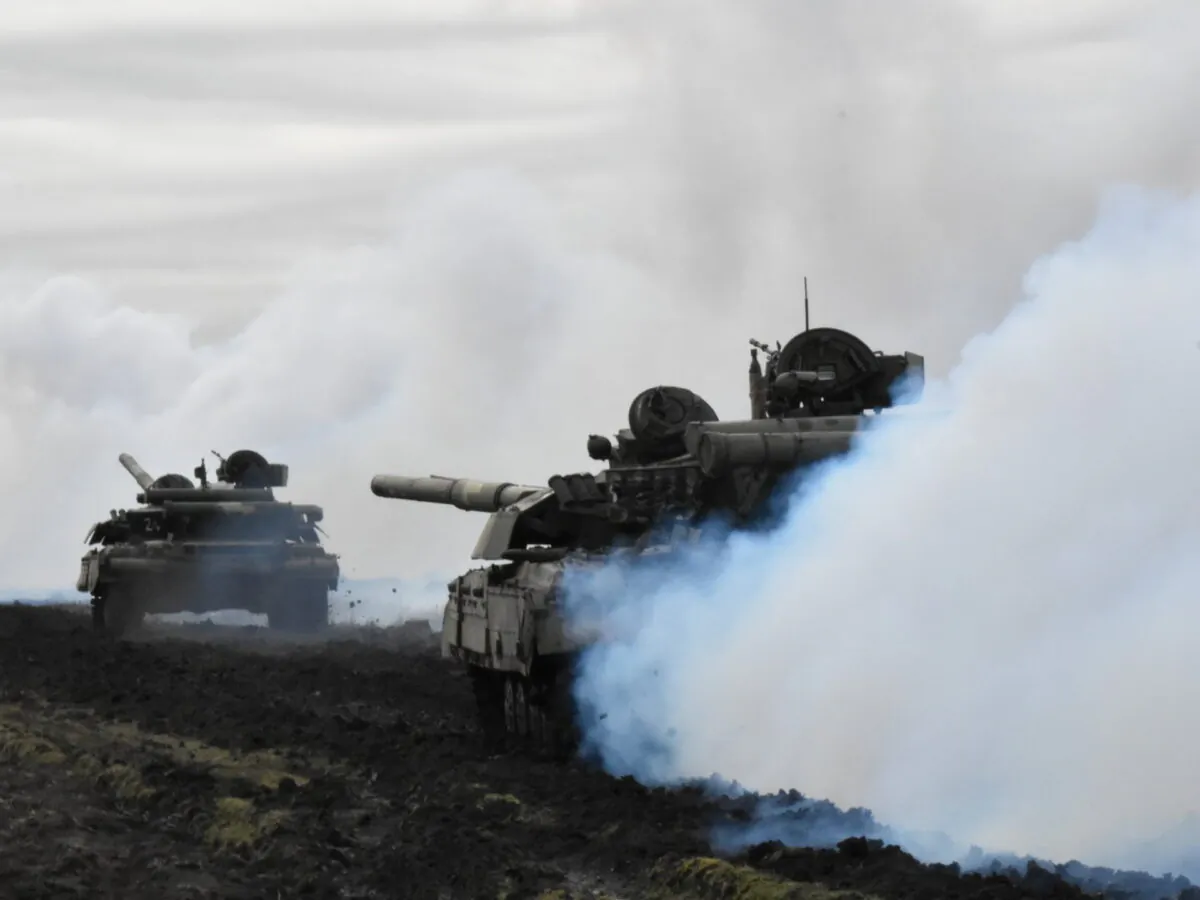 Tanks of the Ukrainian Armed Forces are seen during drills at an unknown location near the border of Russian-annexed Crimea, on April 14, 2021. (Press Service General Staff of the Armed Forces of Ukraine/Handout via Reuters)