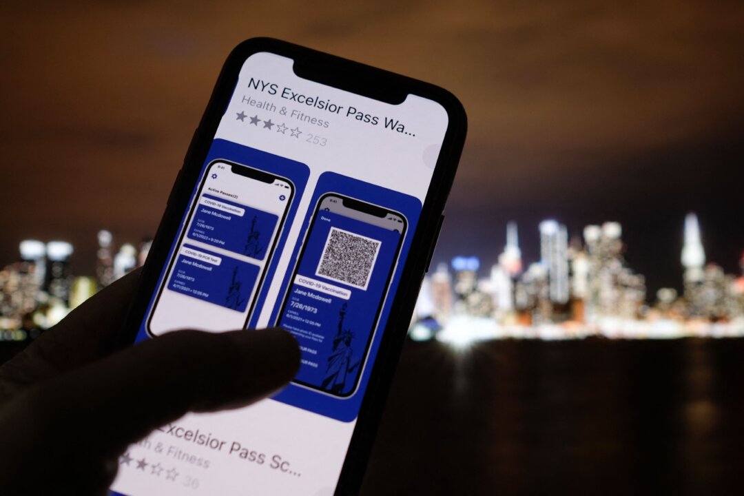 This illustration photo taken in Los Angeles on April 6, 2021 shows a person looking at the app for the New York State Excelsior Pass, which provides digital proof of a COVID-19 vaccination, in front of a screen showing the New York skyline. (Chris Delmas/AFP via Getty Images)