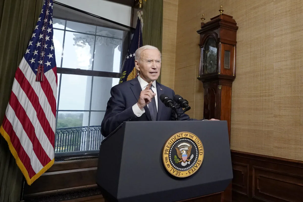President Joe Biden speaks from the Treaty Room in the White House about the withdrawal of U.S. troops from Afghanistan, in Washington, on April 14, 2021. (Andrew Harnik/Pool/Getty Images)