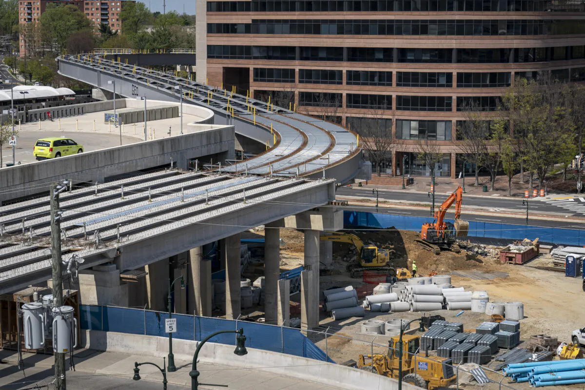 Construction continues near unfinished Purple Line rail tracks at the Paul Sarbanes Transit Center in Silver Spring, Md., on April 8, 2021. (Drew Angerer/Getty Images)