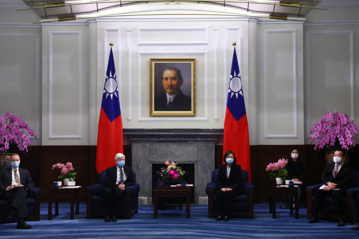 Taiwan President Tsai Ing-wen and former U.S. Sen. Chris Dodd (D-Conn.) attend a meeting at the presidential office in Taipei on April 15, 2021. (Ann Wang/POOL/AFP via Getty Images)