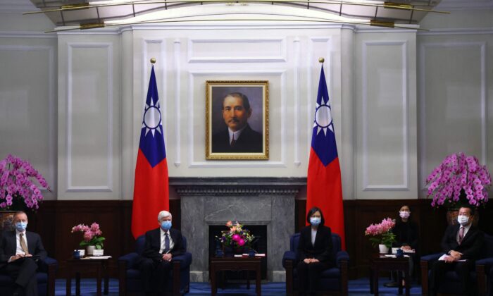 Taiwan President Tsai Ing-wen and former U.S. Sen. Chris Dodd (D-Conn.) attend a meeting at the presidential office in Taipei on April 15, 2021. (Ann Wang/POOL/AFP via Getty Images)