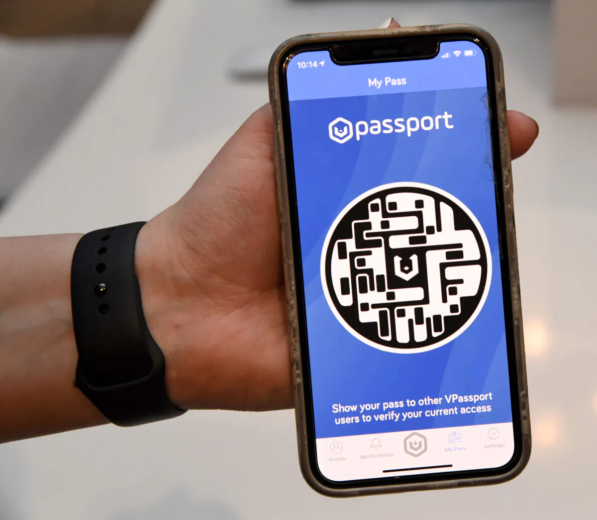 A cellphone demonstrating the HELIIX Health Passport in Las Vegas on April 7, 2021 (Ethan Miller/Getty Images)