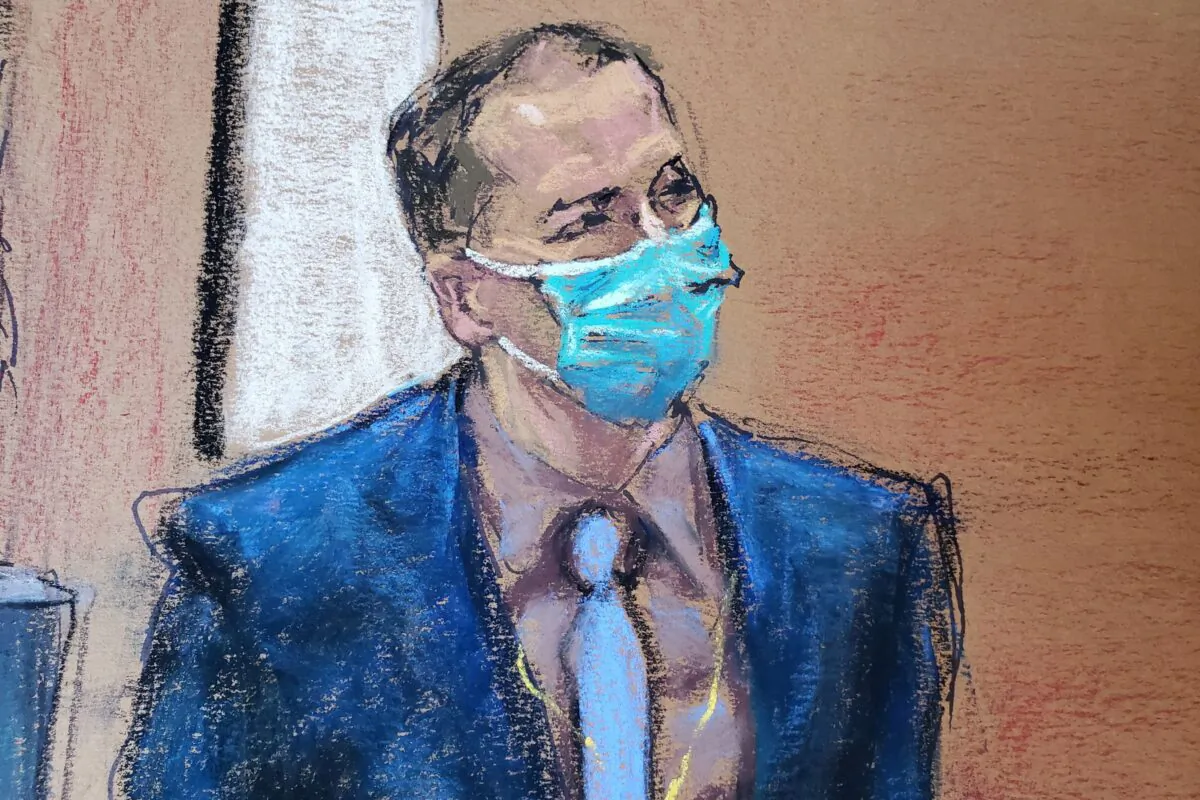 In this courtroom sketch, former Minneapolis police officer Derek Chauvin rises to greet jury members during his trial in Minneapolis, on April 13, 2021. (Jane Rosenberg/Reuters)