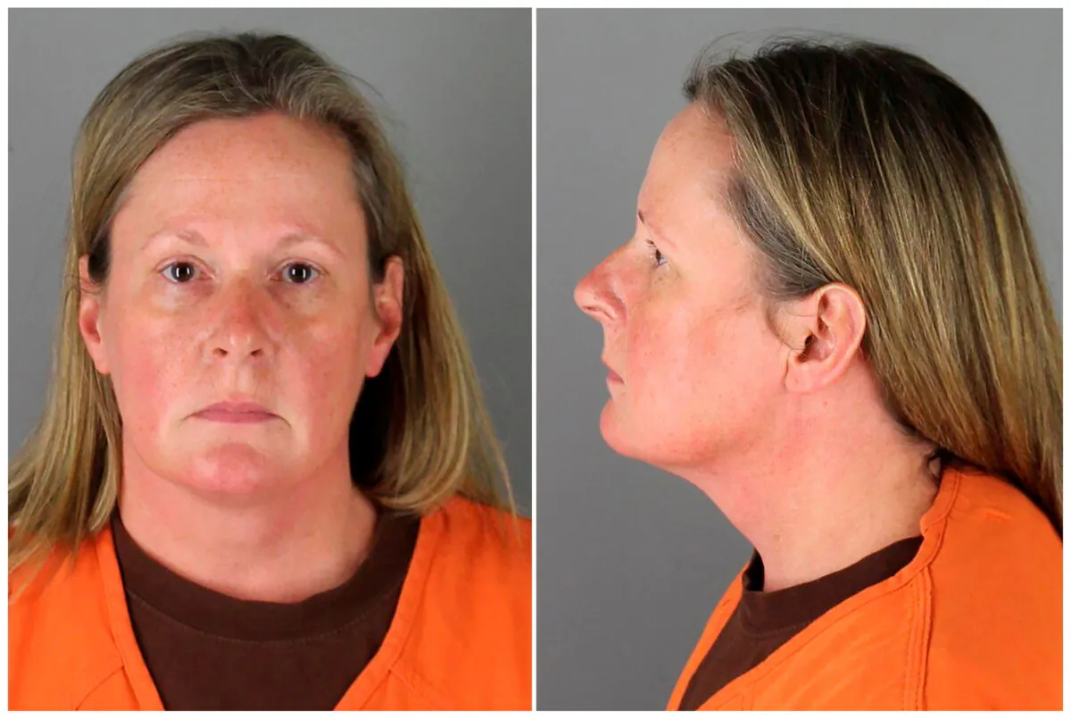 Kim Potter, a 26-year veteran who resigned from the Brooklyn Center police force, poses for a booking photograph at Hennepin County Jail, in Minneapolis, Minn., on April 14, 2021 in a combination of photographs. (Hennepin County Sheriff's Office via Reuters)