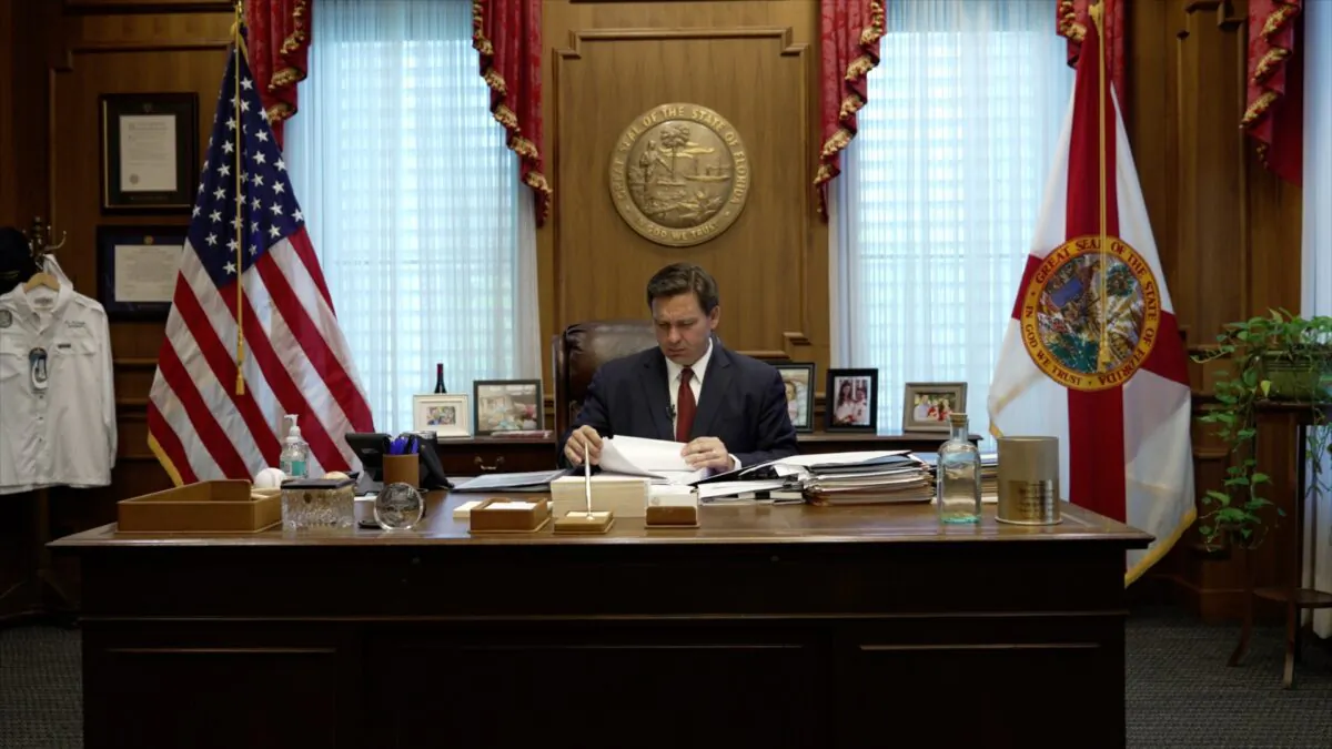 Florida Gov. Ron DeSantis in his office in Tallahassee, Fla., on April 1, 2021. (Screenshot/Epoch Times)