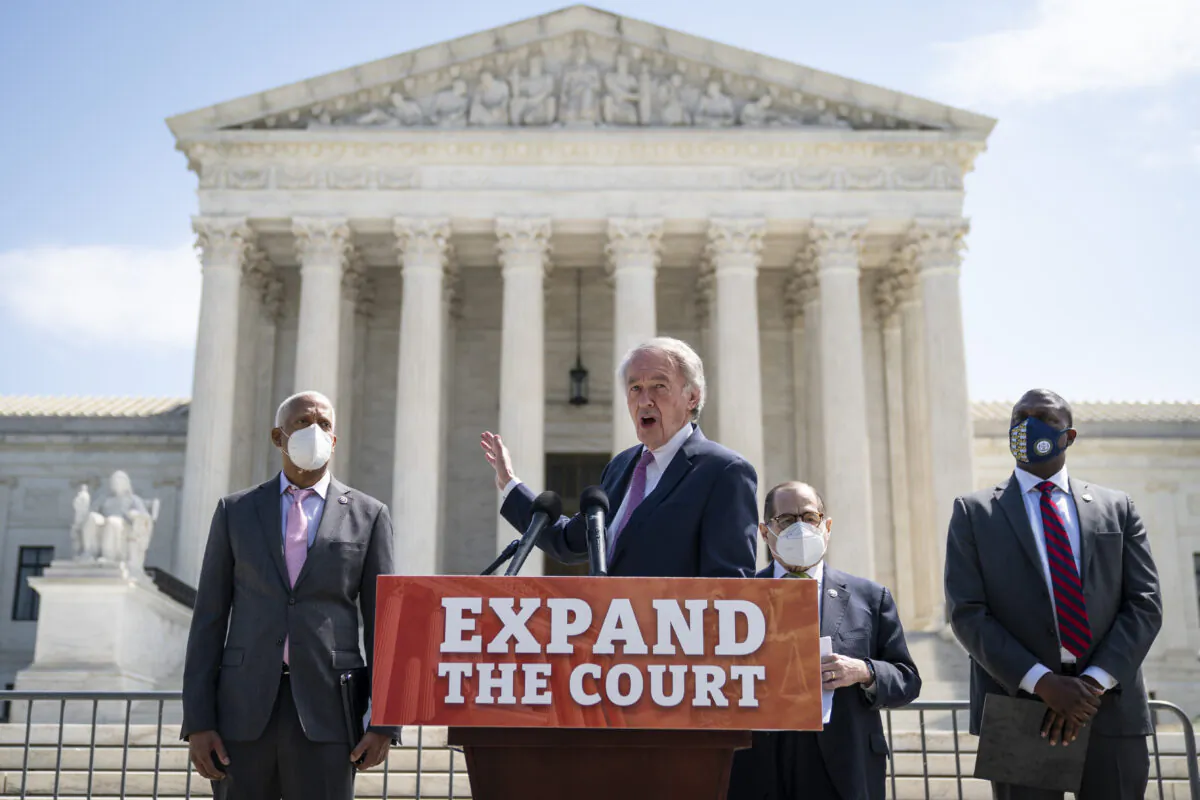 (L-R) Rep. Hank Johnson (D-Ga.), Sen. Ed Markey (D-Mass.), House Judiciary Committee Chairman Rep. Jerrold Nadler (D-N.Y.) and Rep. Mondaire Jones (D-N.Y.) hold a press conference in front of the U.S. Supreme Court on April 15, 2021. (Drew Angerer/Getty Images)