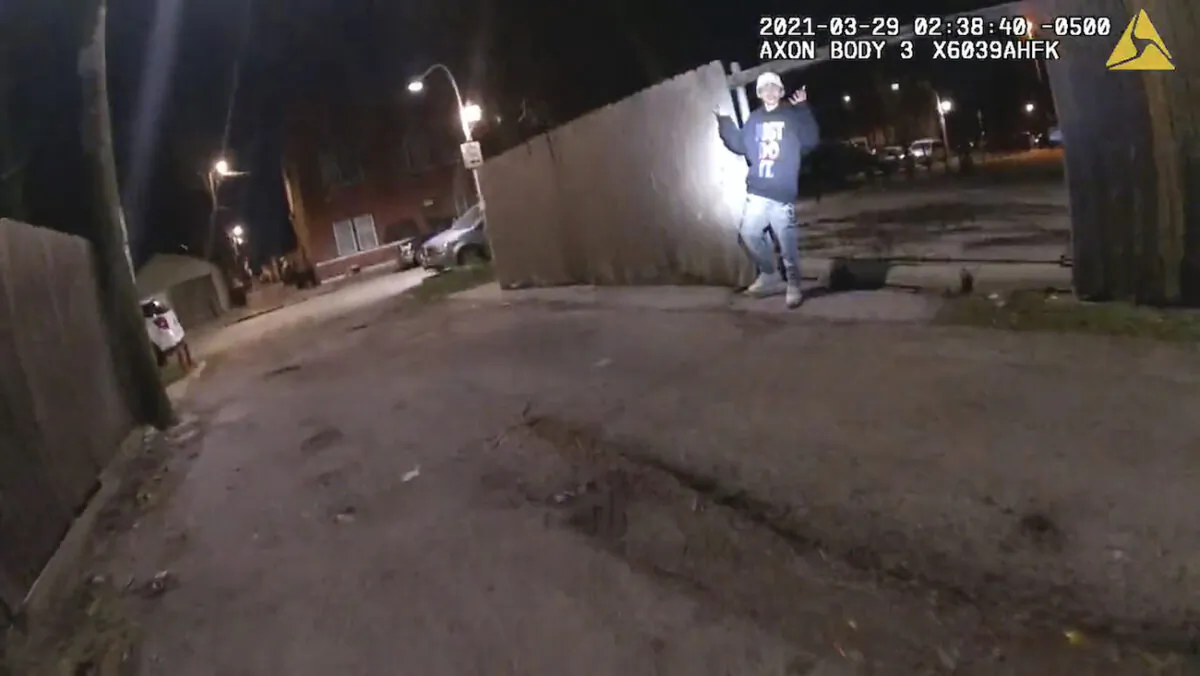 This image from Chicago Police Department body cam video shows the moment before Chicago Police officer Eric Stillman fatally shot Adam Toledo, 13, on March 29, 2021. (Chicago Police Department via AP)