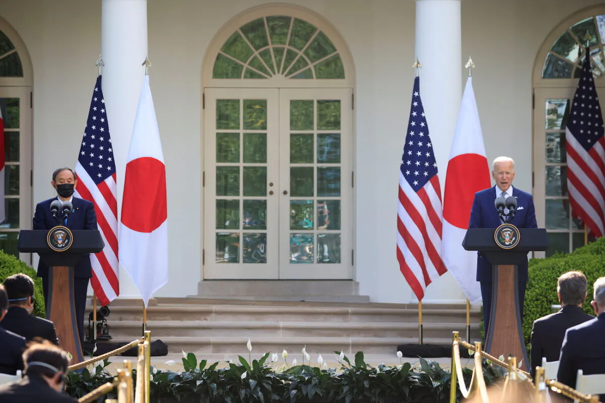 President Joe Biden and Japan's Prime Minister Yoshihide Suga hold a joint news conference in the Rose Garden at the White House in Washington, on April 16, 2021. (Tom Brenner/Reuters)