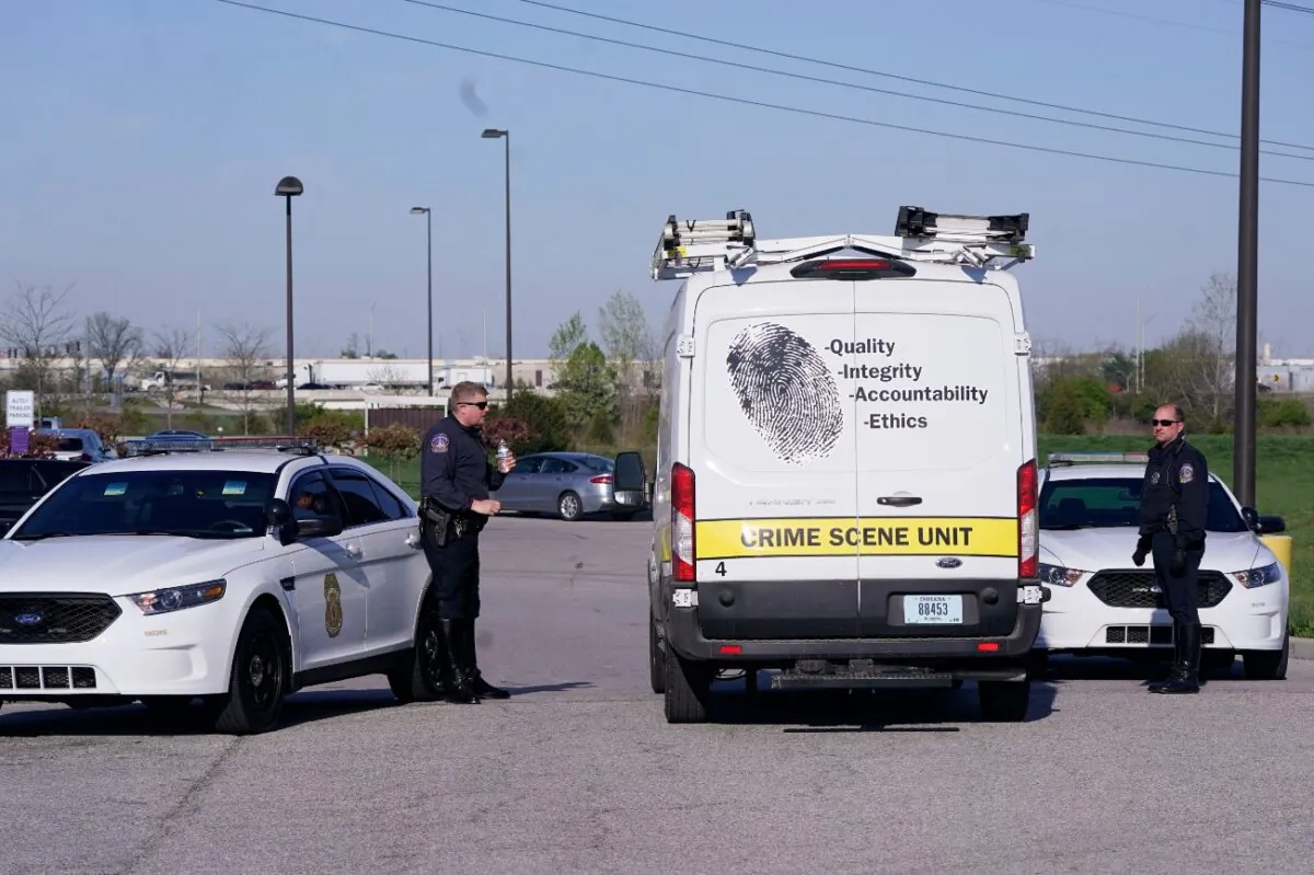 A crime scene vehicle arrives where multiple people were shot at the FedEx Ground facility in Indianapolis, early Friday morning, on April 16, 2021. (Michael Conroy/AP Photo)