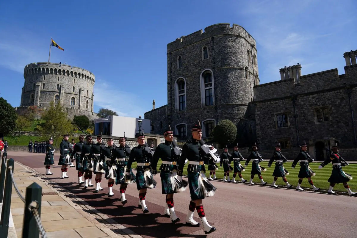 Members of the military arrive for the funeral of Britain's Prince Philip in Windsor Castle, Britain, on April 17, 2021. (Victoria Jones/Pool via Reuters)