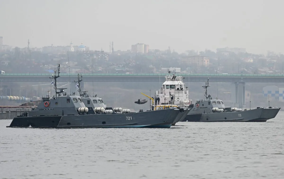 Landing crafts of the Russian Navy's Caspian Flotilla are pictured on the Don River during the inter-fleet move from the Caspian Sea to the Black Sea, on the outskirts of Rostov-on-Don, Russia, on Apr. 12, 2021. (Sergey Pivovarov/Reuters)
