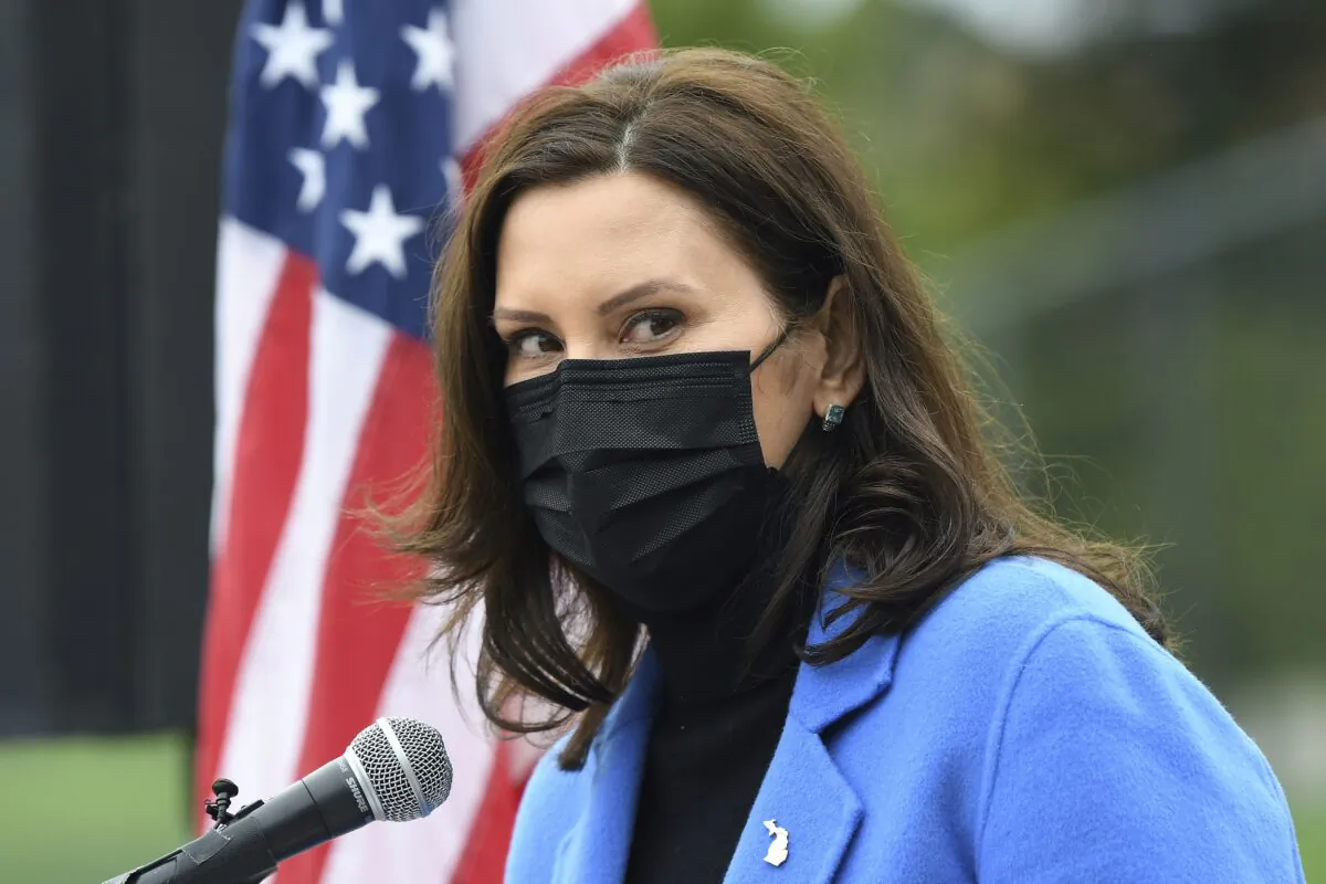 Michigan Gov. Gretchen Whitmer speaks during a press conference in Ypsilanti, Mich., on April 12, 2021. (Lon Horwedel/Detroit News via AP)